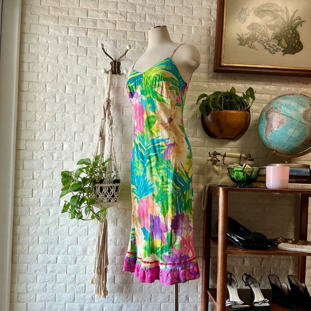 Vintage Jams World Tropical Orchid Floral Midi Sun Dress + Ribbon Hem Detail